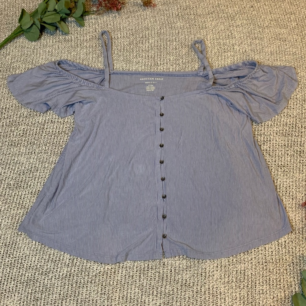 American Eagle Blue Striped Cold Shoulder Top